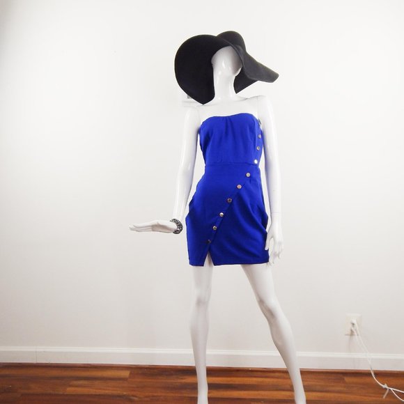 Blue Strapless party dress wrap metal buttons Mini cocktail attire - Picture 8 of 10